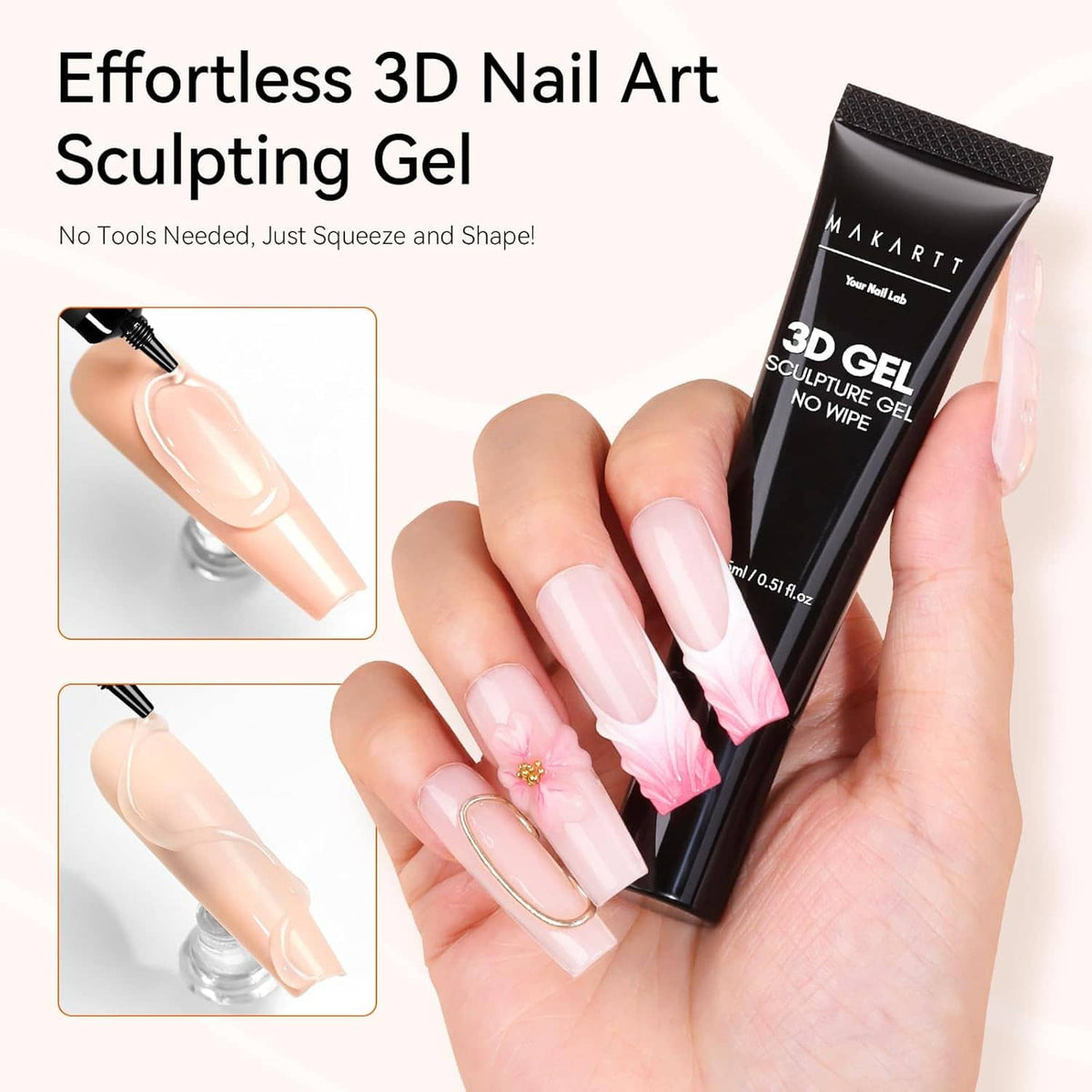 3D gel sculpting glue tube next to nude-pink 3D nail tips with embellishments