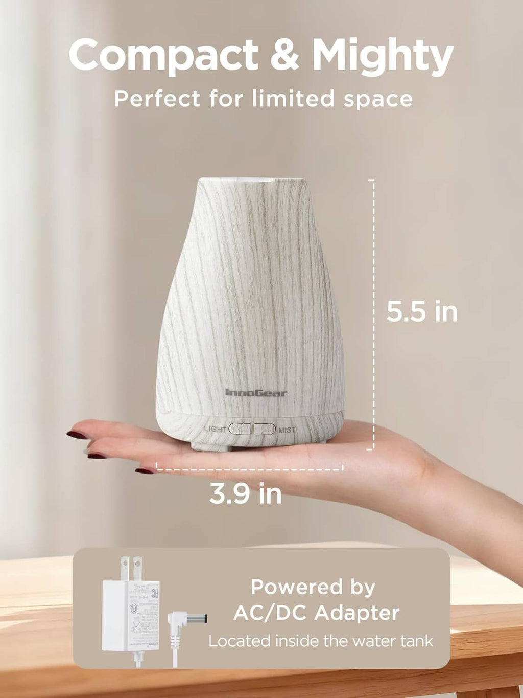InnoGear essential oil diffuser, compact white-gray design on counter