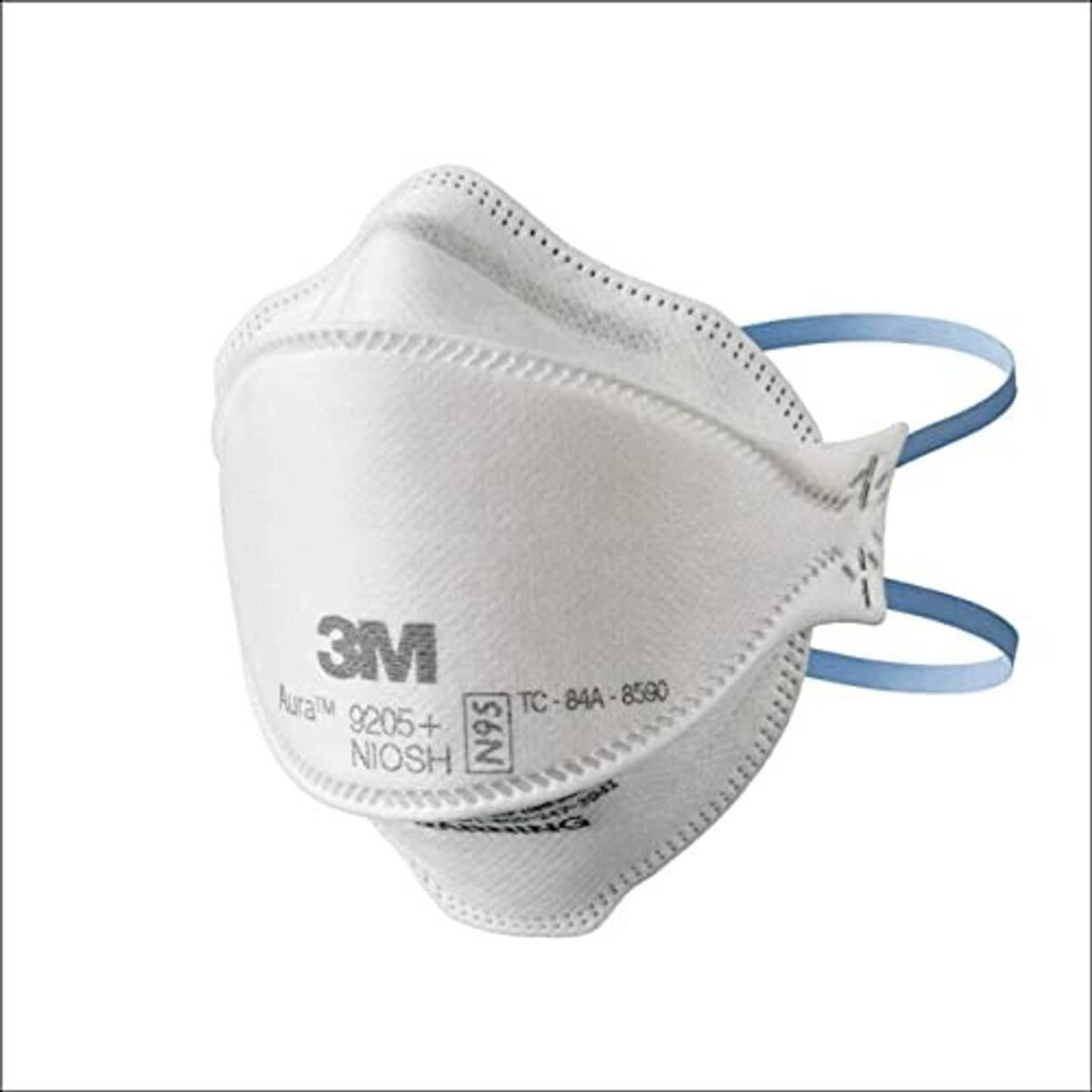 White cup-style 3M AURA 9205+ N95 respirator with blue head straps