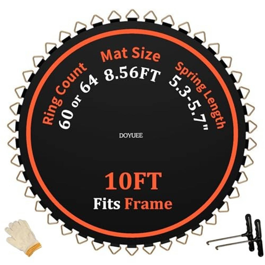 10FT trampoline mat, black with orange border, V-rings and included spring hook pieces