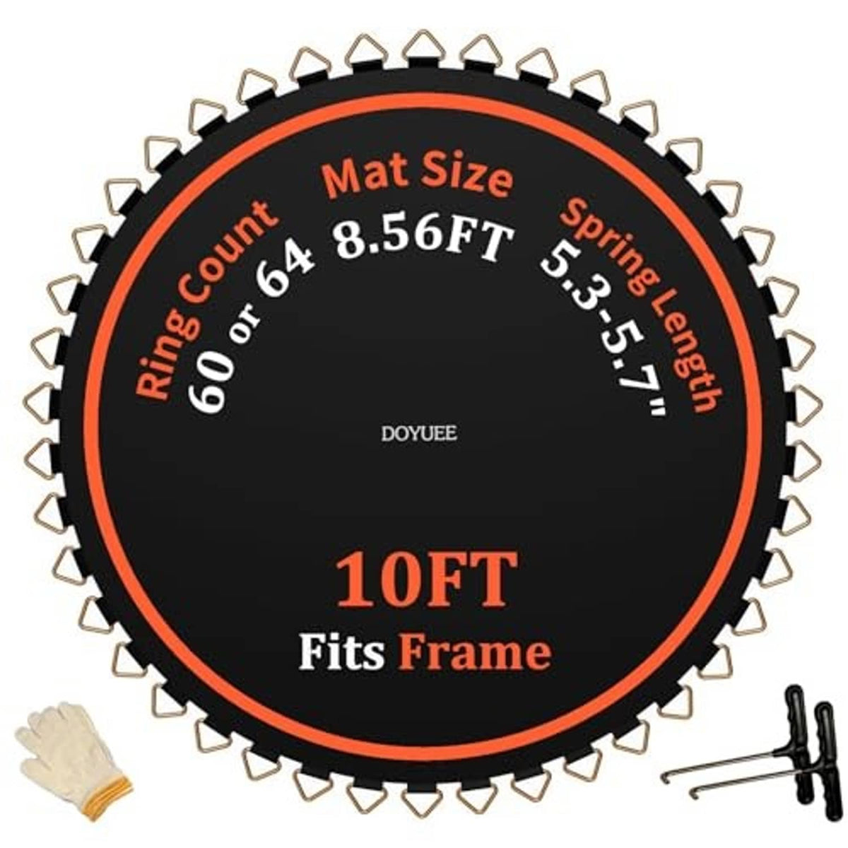 10FT trampoline mat, black with orange border, V-rings and included spring hook pieces