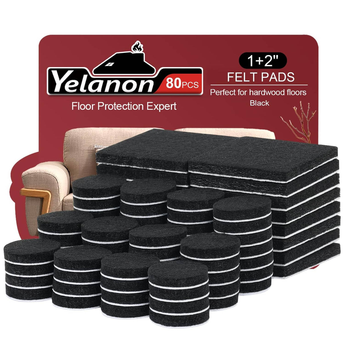 Black felt furniture pads set, square glides with adhesive backing (80 pcs)
