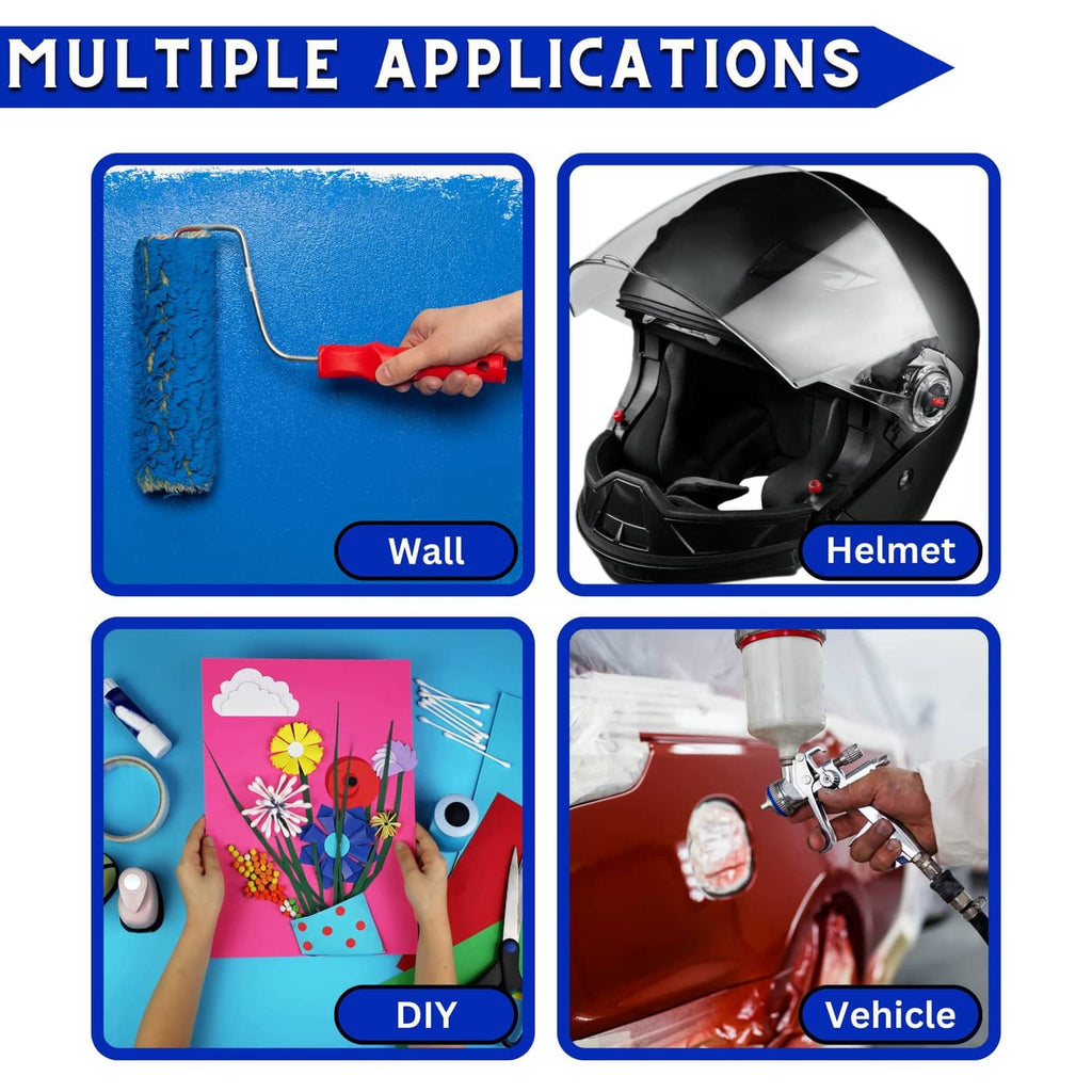 Blue painter's tape shown on wall, helmet, DIY crafts, and vehicle surfaces for masking.