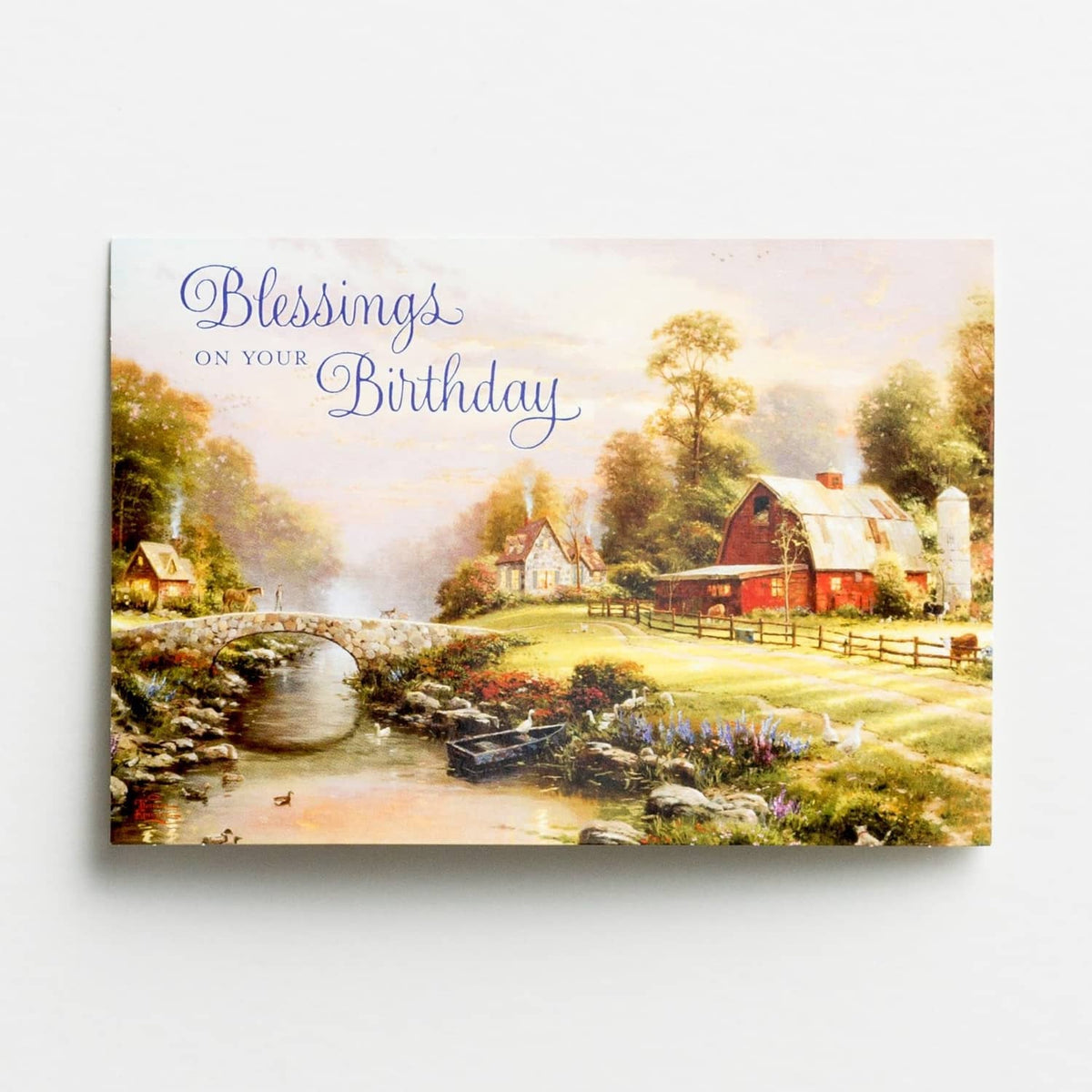 Blessings on your Birthday greeting card with scenic countryside and river illustration