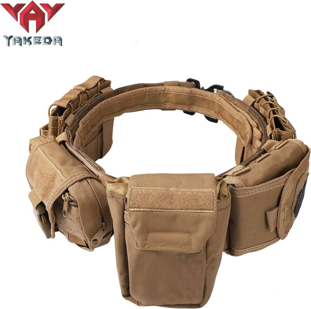 Tan tactical belt with front pouch, side holster loops, and adjustable webbing straps