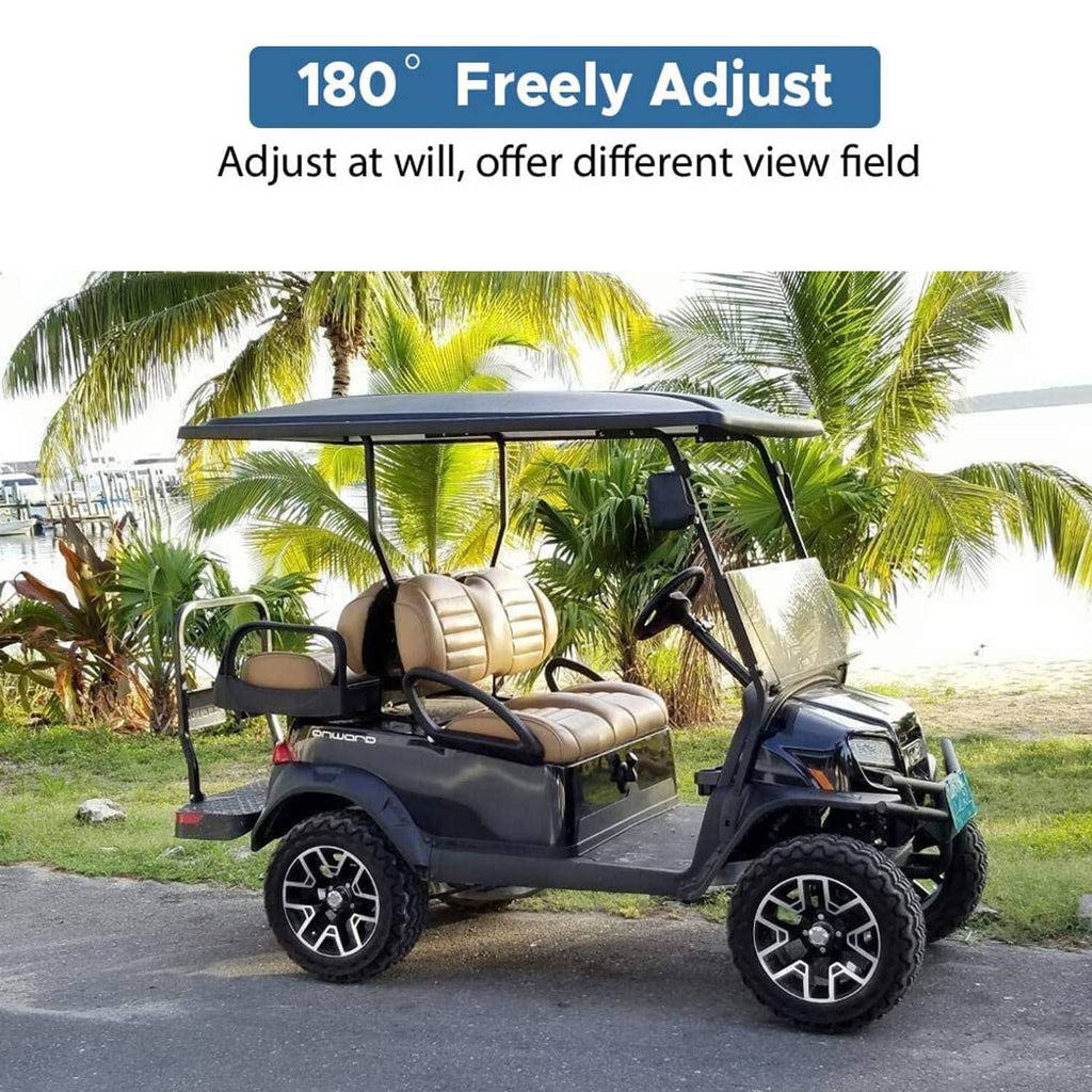 Golf cart with adjustable side mirrors mounted on the front frame