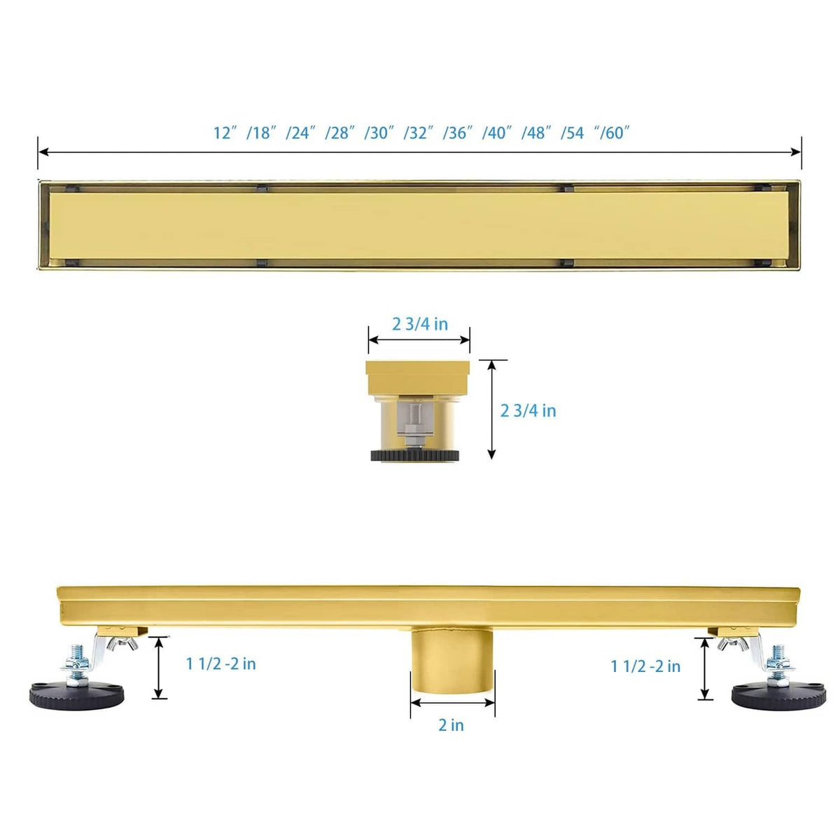 Gold linear shower drain tile insert grate shown with size and height cutaway