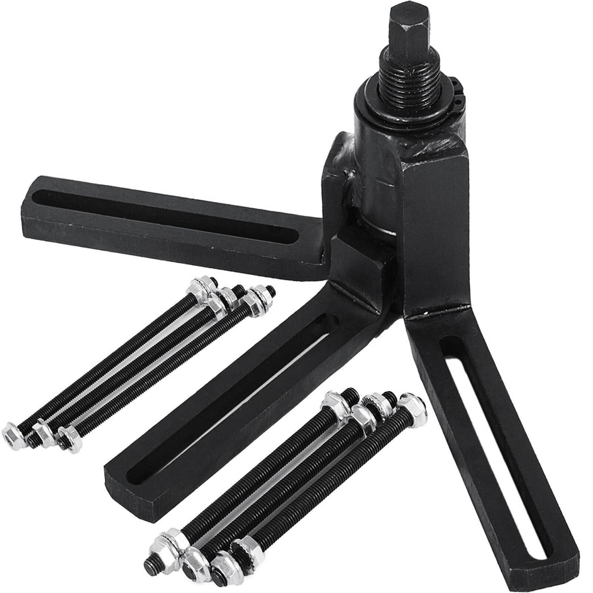 Crankcase splitter tool with threaded rods, hex-head bolts, and three-arm base