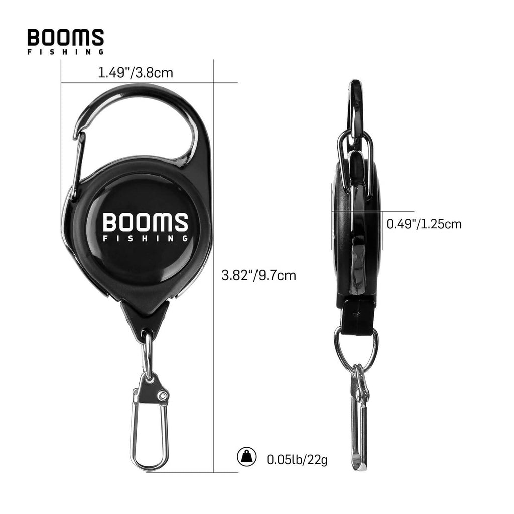 Black retractable tool retractor with carabiner and keyring clip