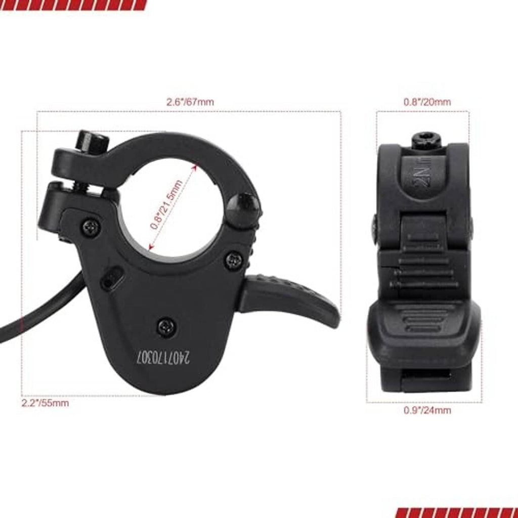 Black thumb throttle with clamp, shown with size measurements and 3-pin lead