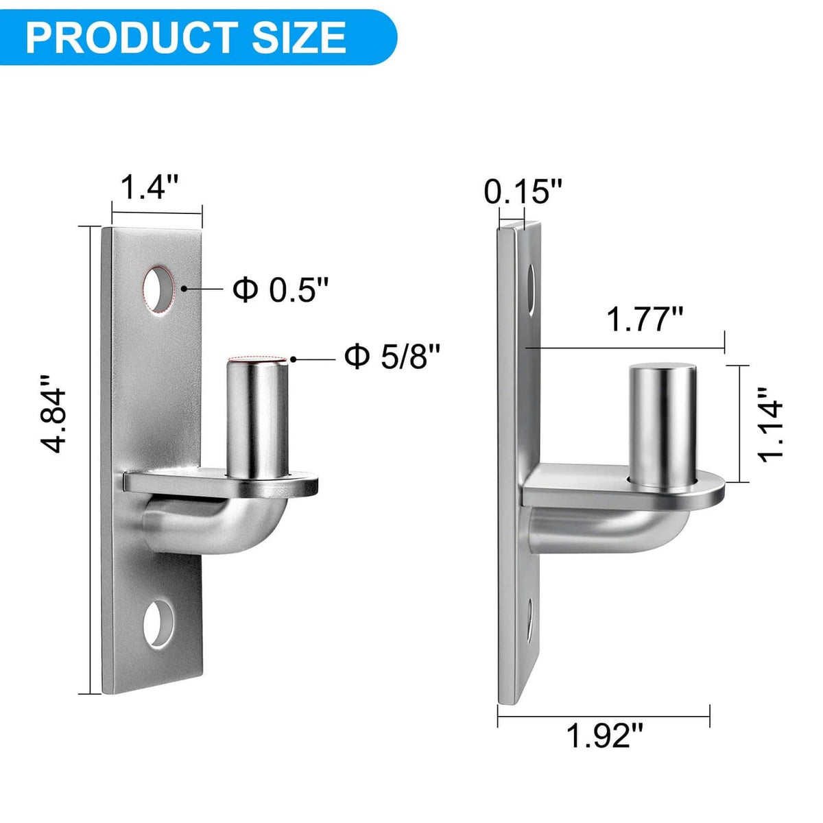 Wall-mount gate hinge with satin steel plate and pin, side view