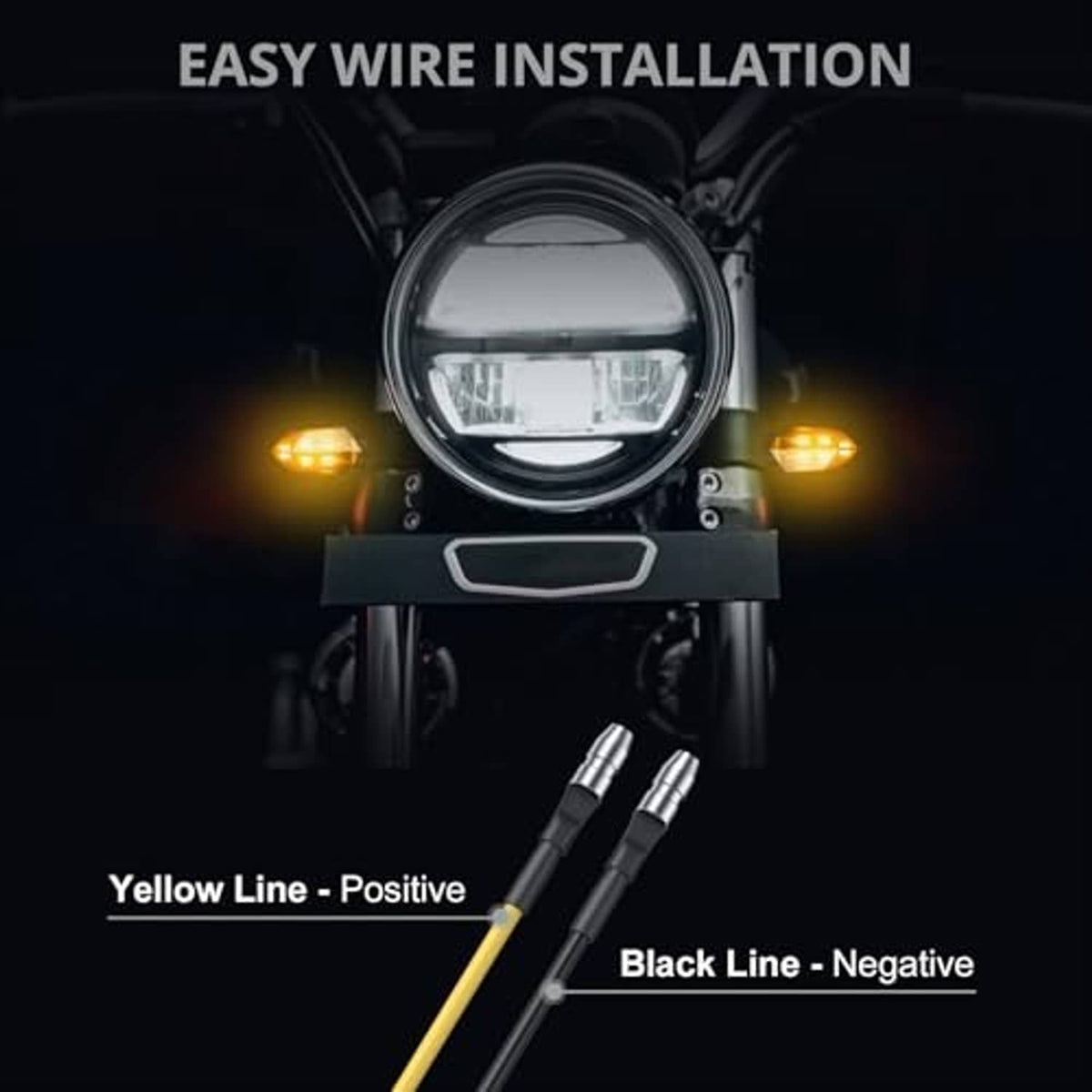 LED indicator wiring setup with yellow and black leads for positive and negative connection