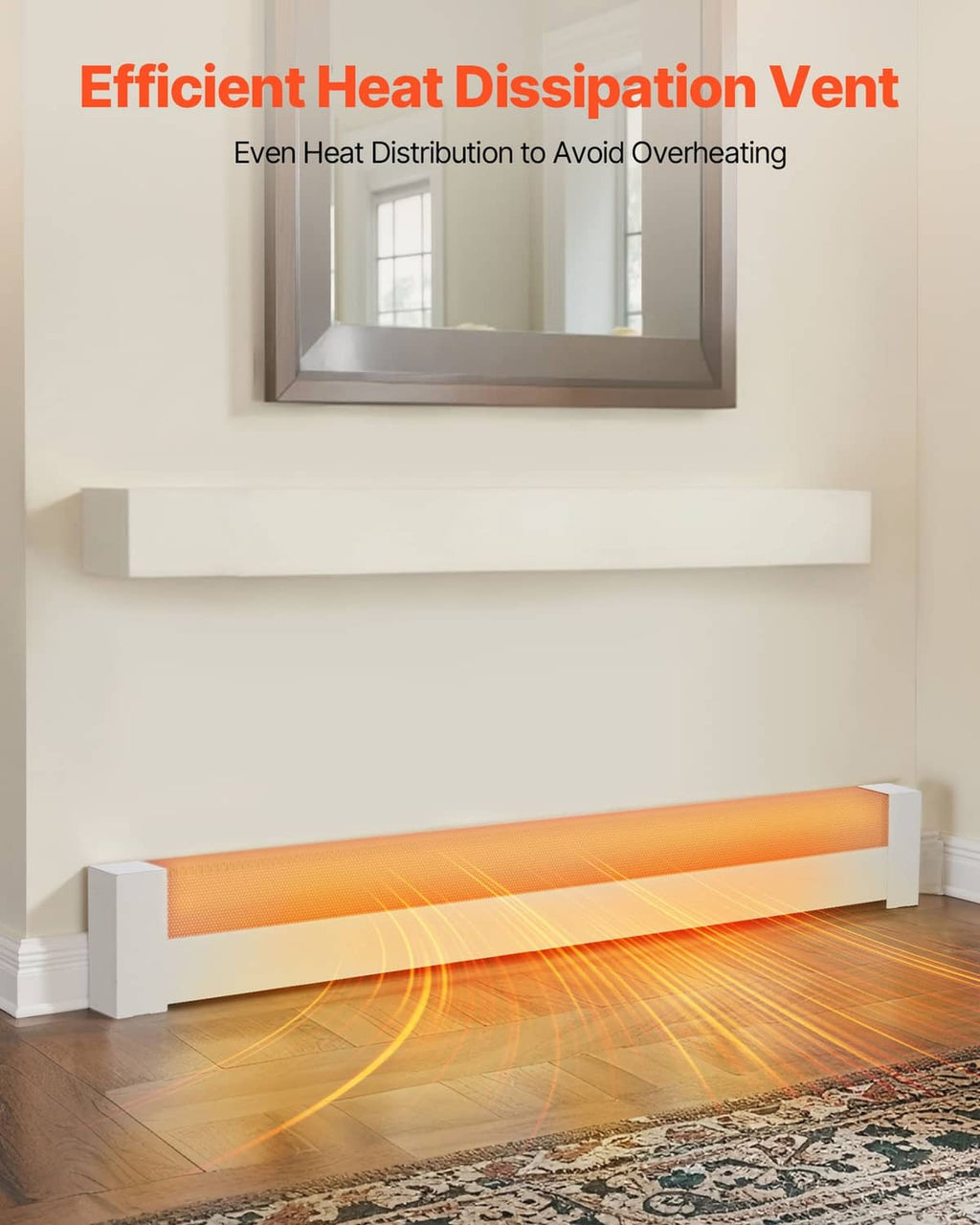 White baseboard heater cover with front vent opening for even heat distribution