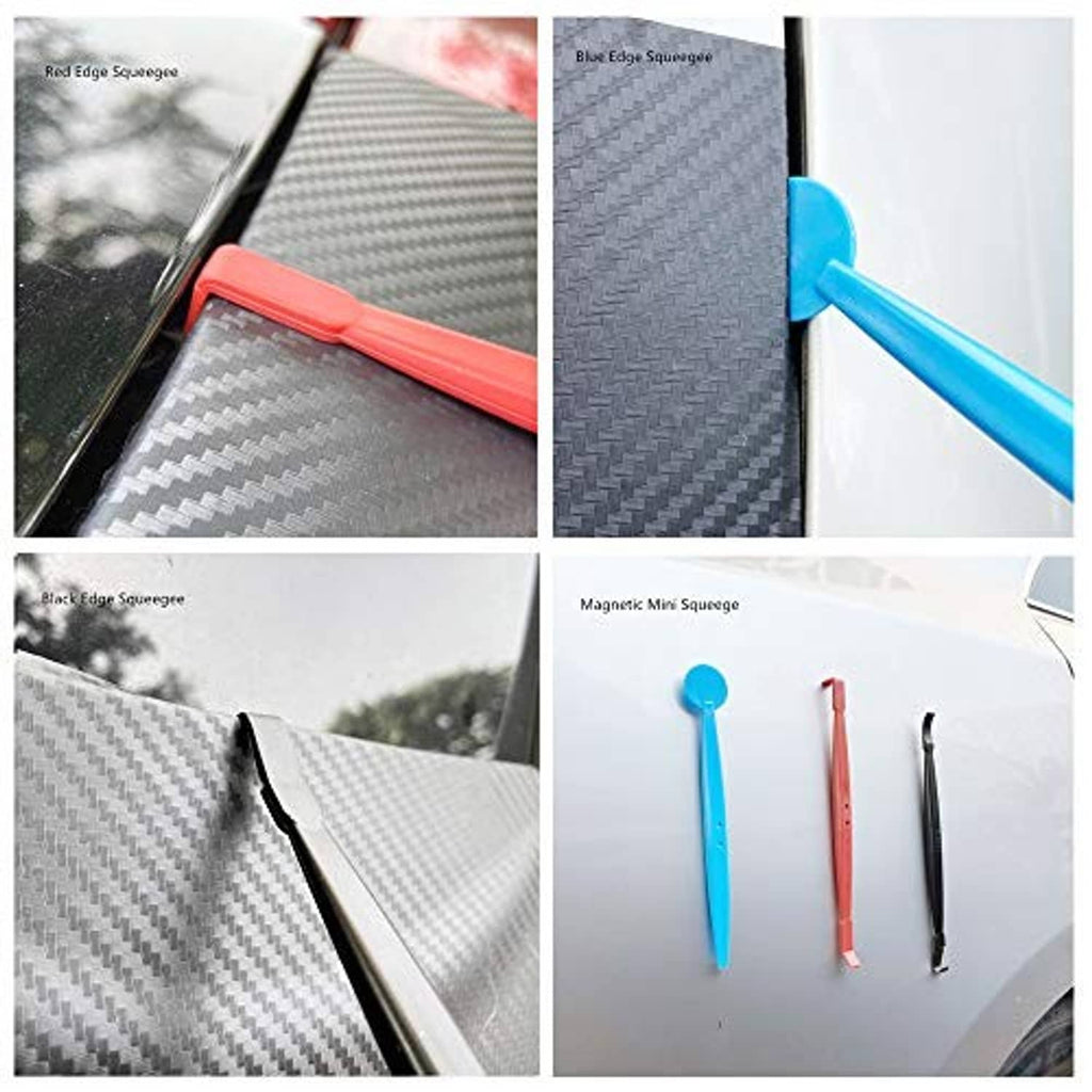 Assorted window film squeegees with carbon-fiber textured pads and blue/red mini tools