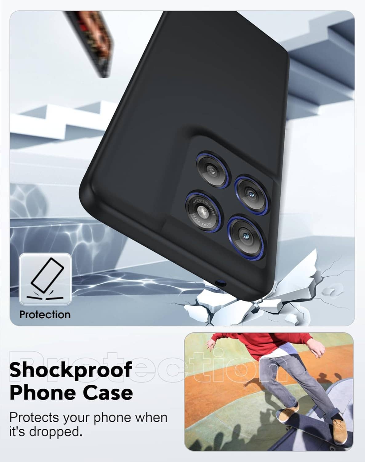 Black shockproof phone case with camera cutouts for added impact protection