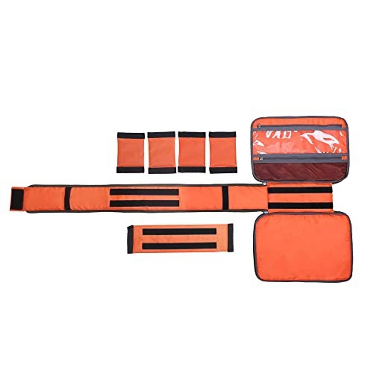 Orange and dark gray fishing reel organizer set with pouches and divider straps