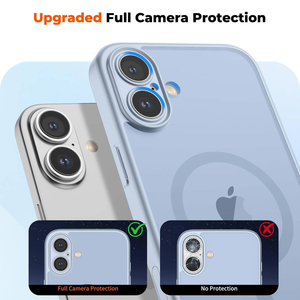Silver blue iPhone 16 Plus magnetic phone case with raised camera lens protection