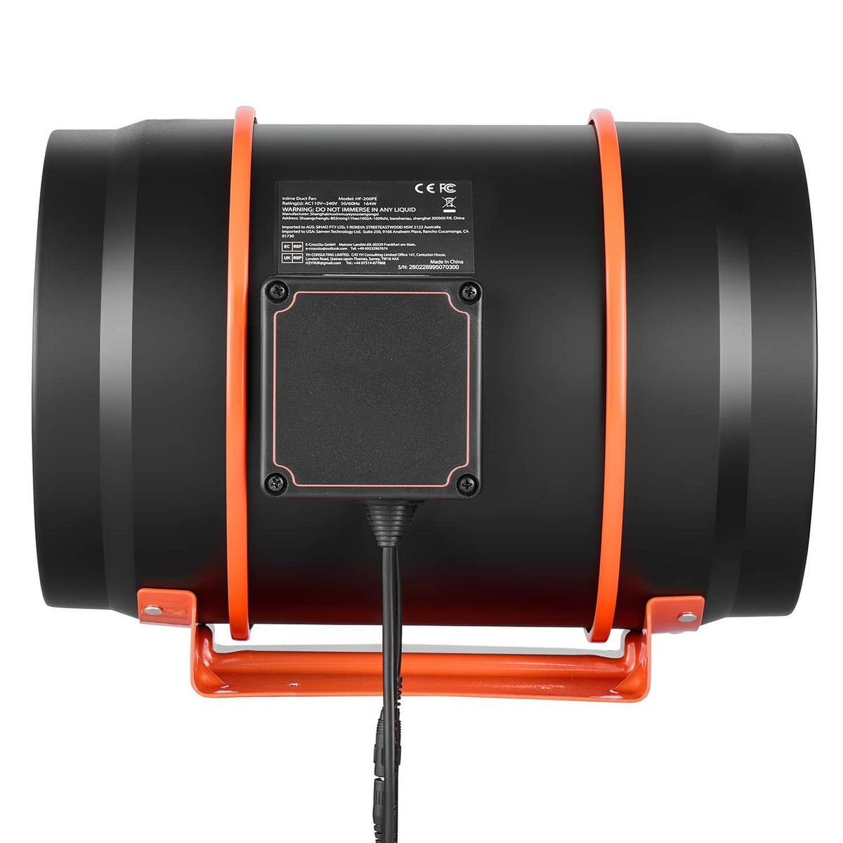 Inline duct fan with black housing, orange rim, and front wiring control panel