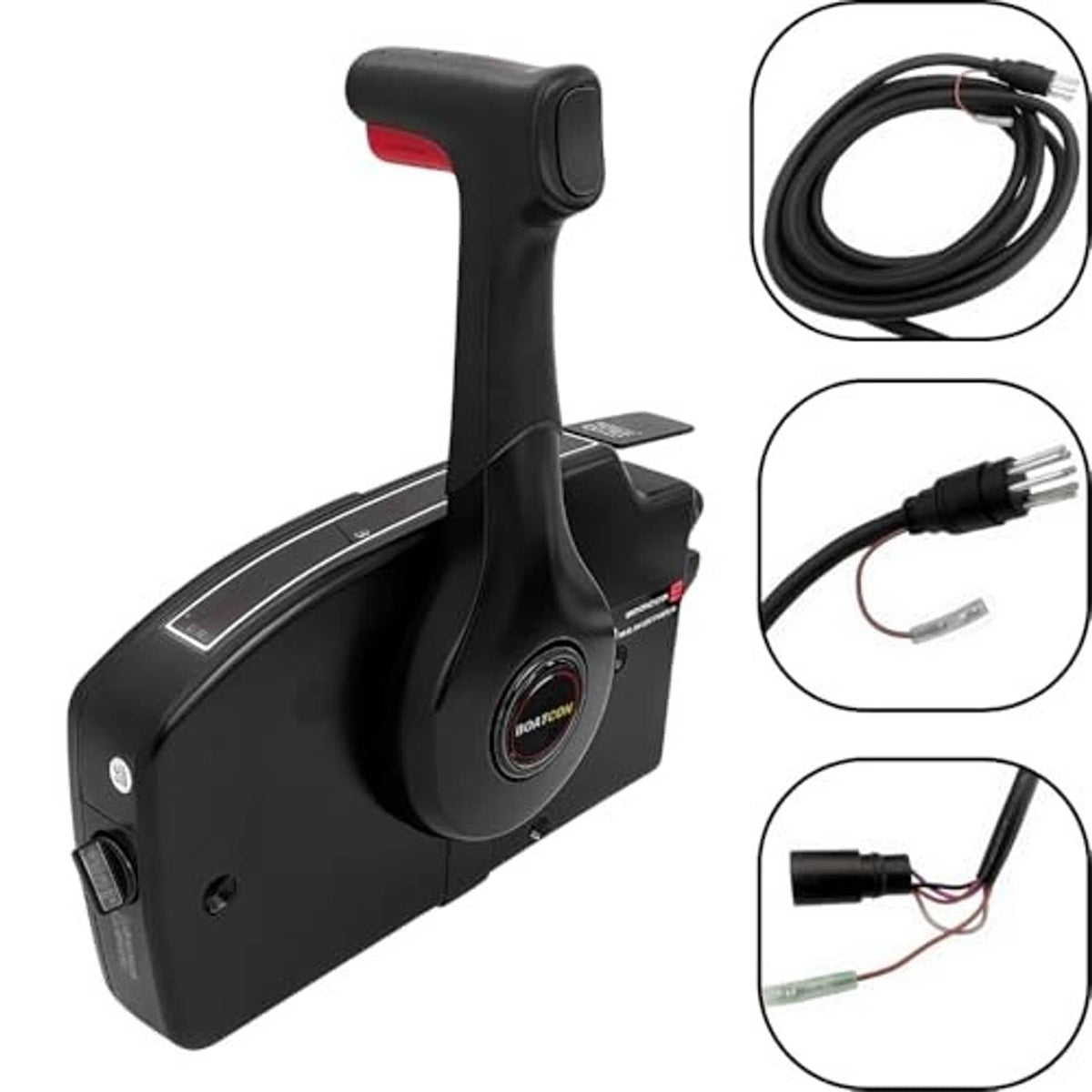 Black side-mount outboard remote control box with red and black wiring leads