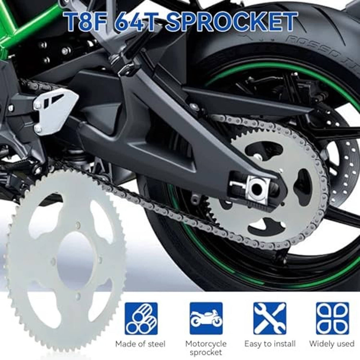 Steel sprocket and chain drive assembly on a mini motorcycle rear wheel