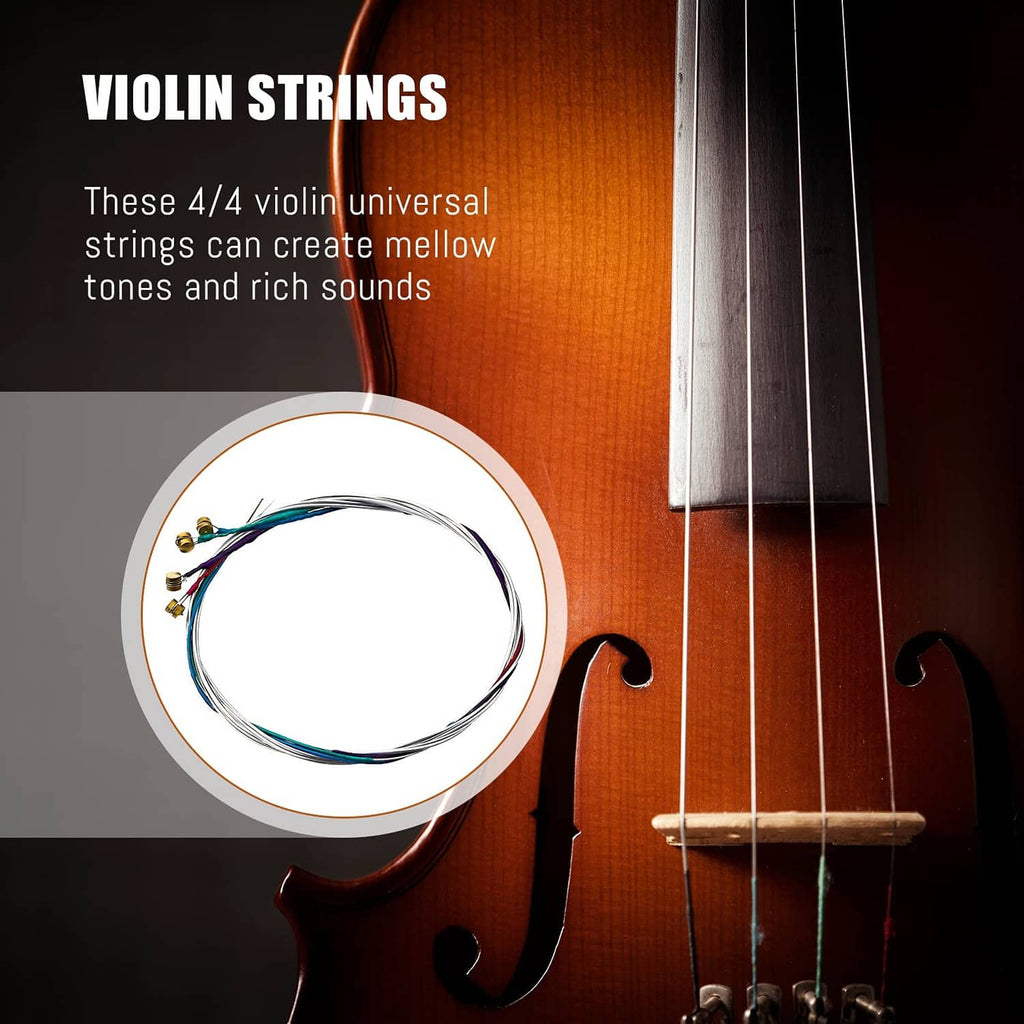 Violin strings set with gold ends and colored windings arranged on a violin