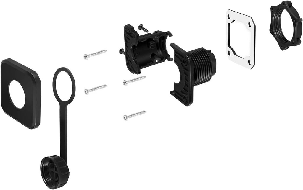 Bulkhead connector kit exploded view showing faceplate, threaded fitting, gaskets, screws