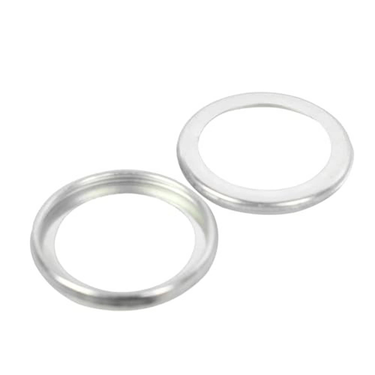 Two silver oil plug gasket rings, flat metal loop seals