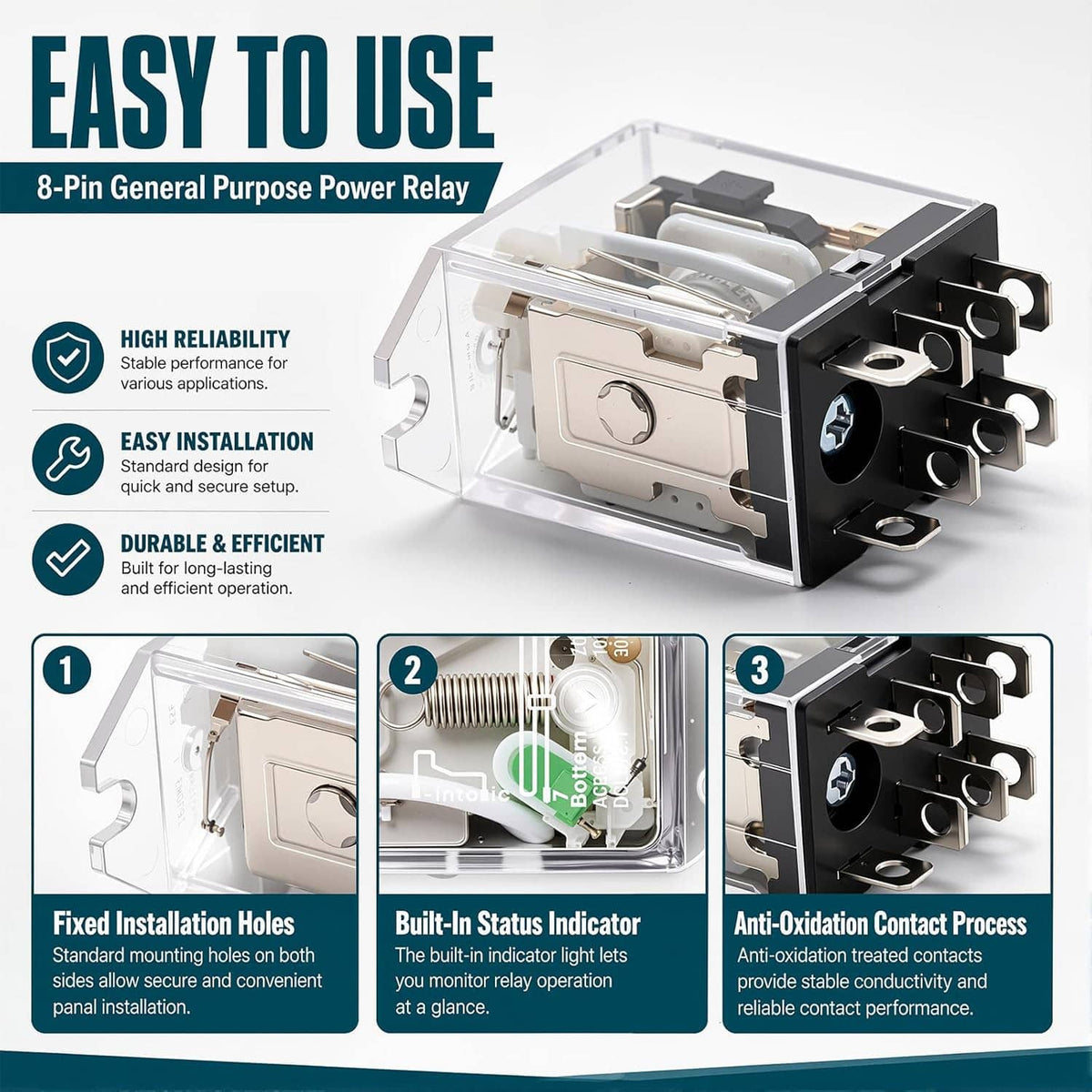 8-pin DPDT power relay with mounting tabs and built-in status indicator on contact side