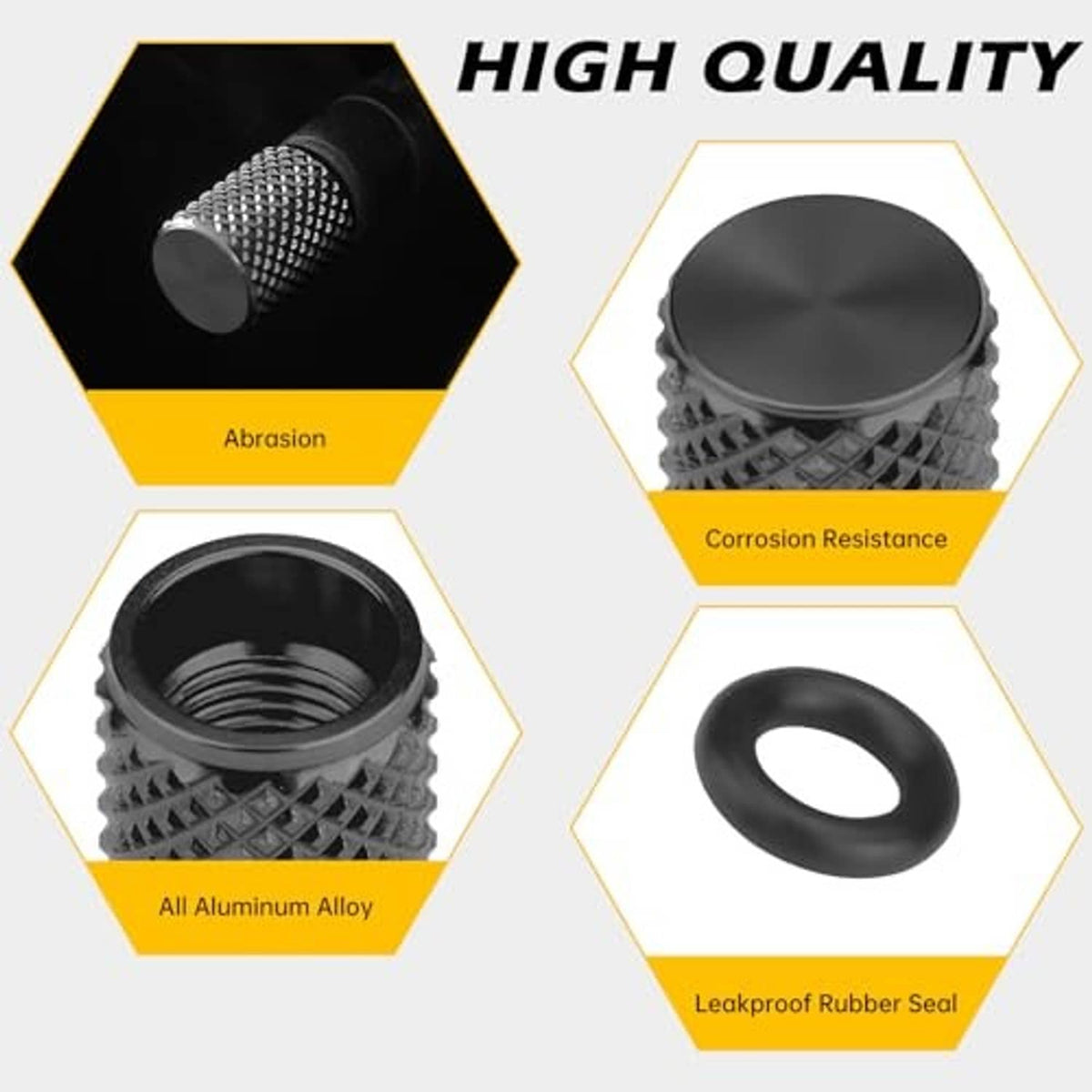 Black aluminum tire valve stem caps, 4-pack, textured design with leakproof rubber seal