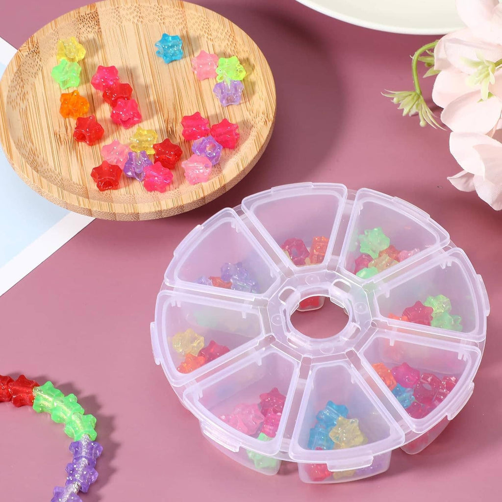 Round clear plastic 8-compartment organizer box with small colorful beads