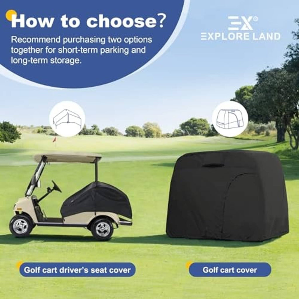 Black golf cart seat cover on a small cart, for short-term parking storage