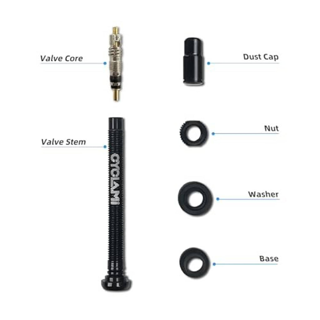 Presta tubeless valve stem kit parts: valve core, dust cap, nut, washers, base