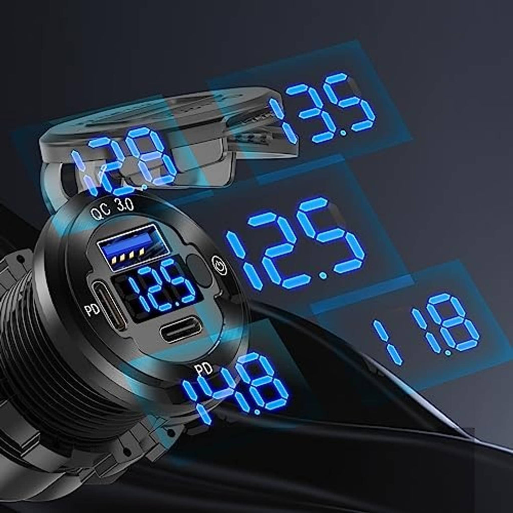 Black 12V round car USB socket with blue-lit QC 3.0 and PD USB-C ports