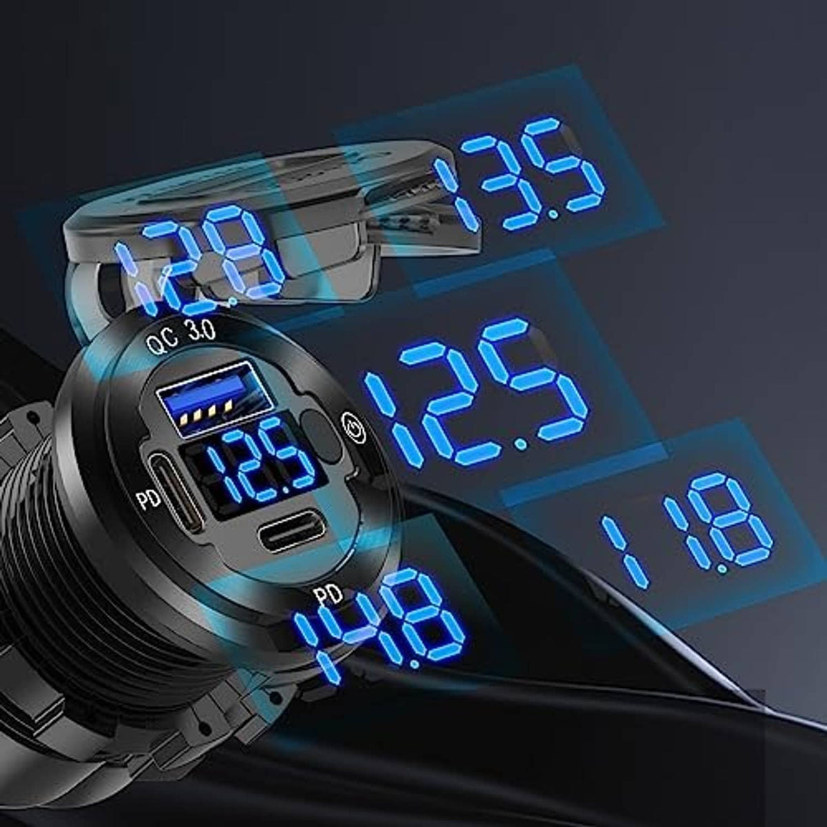 Black 12V round car USB socket with blue-lit QC 3.0 and PD USB-C ports