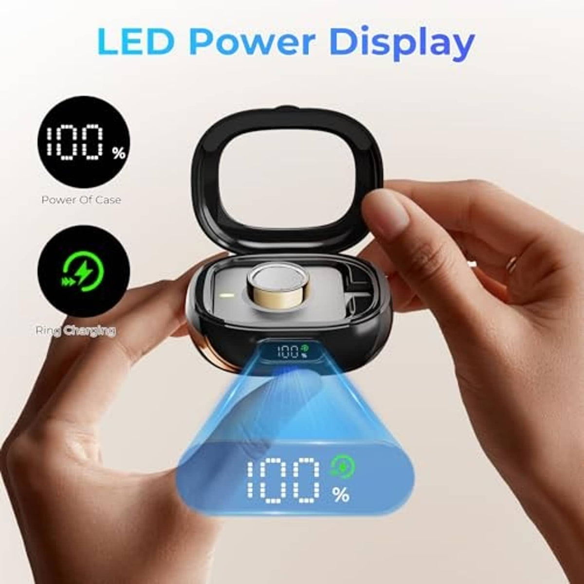 Black ring charging case with LED power display and hands placing a ring