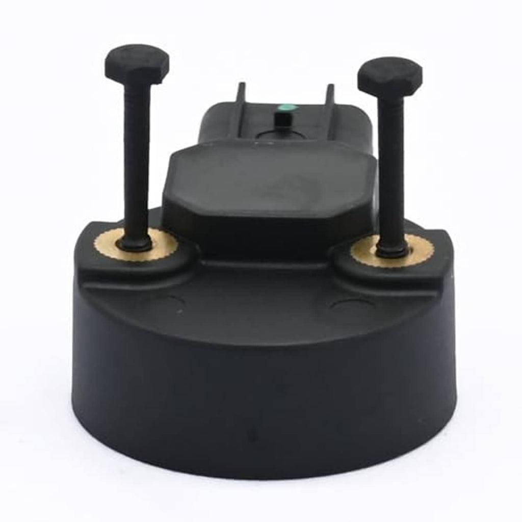 Black camshaft position sensor top view with two posts and electrical connector housing