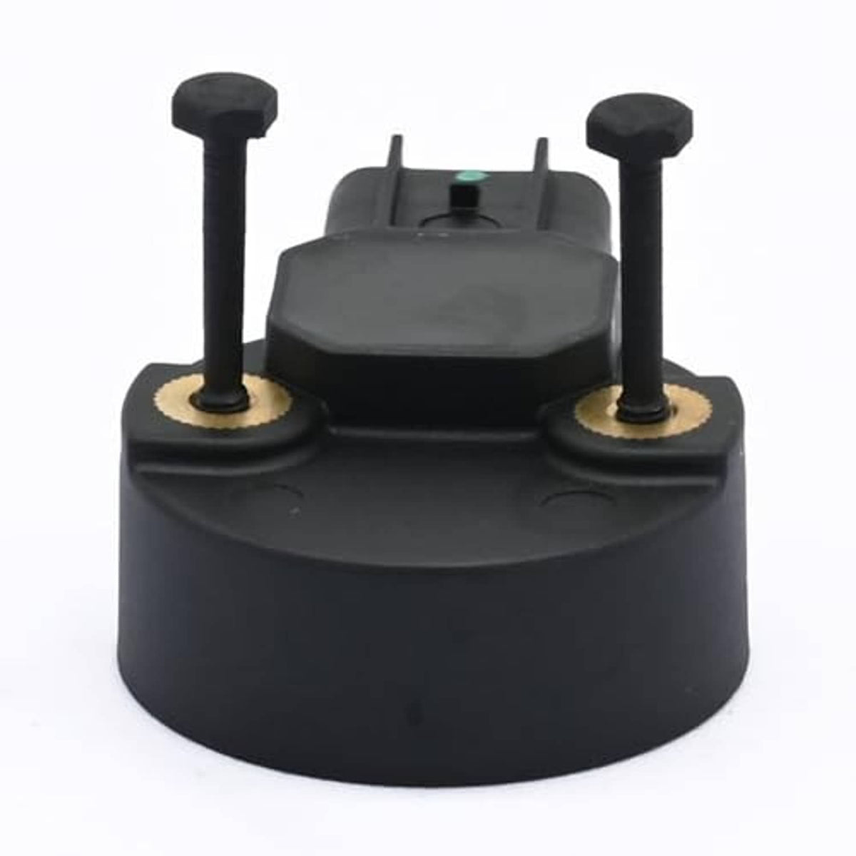Black camshaft position sensor top view with two posts and electrical connector housing