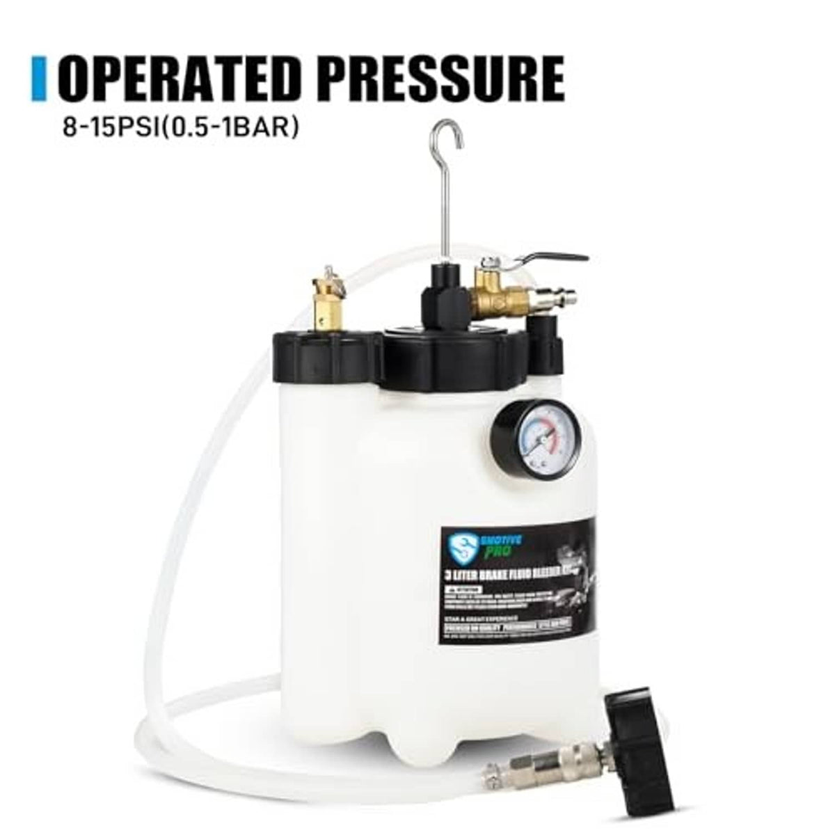 Pneumatic brake bleeder pressure tank with gauge and hose assembly for vehicle bleeding