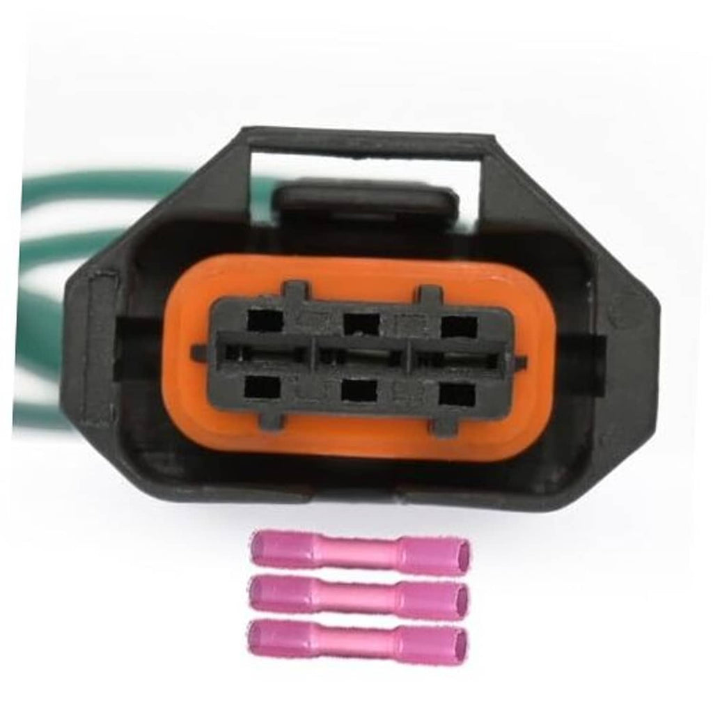 Orange 3-pin camshaft sensor connector with dark terminals and three purple sealed pins
