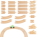 Light wood wooden train track pieces: straight and curved rails with peg connectors.