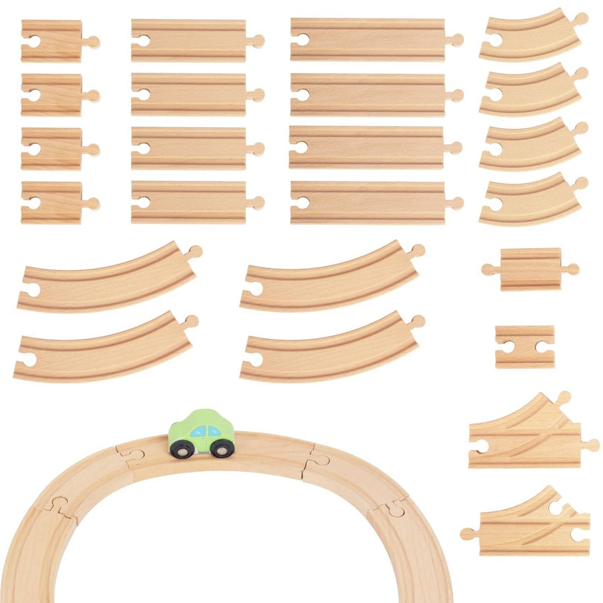 Light wood wooden train track pieces: straight and curved rails with peg connectors.