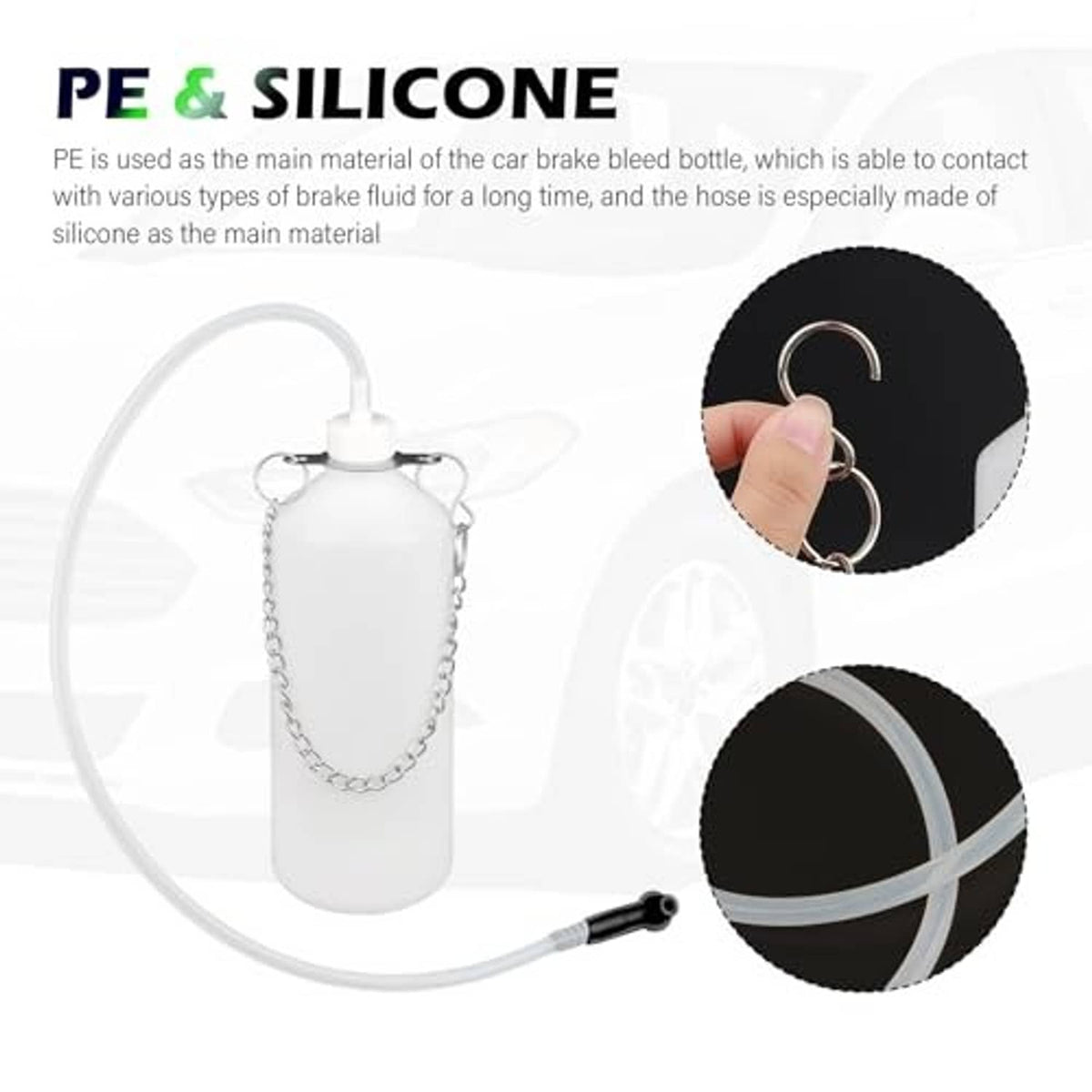 White brake bleeder bottle kit with clear hose and molded silicone-style components