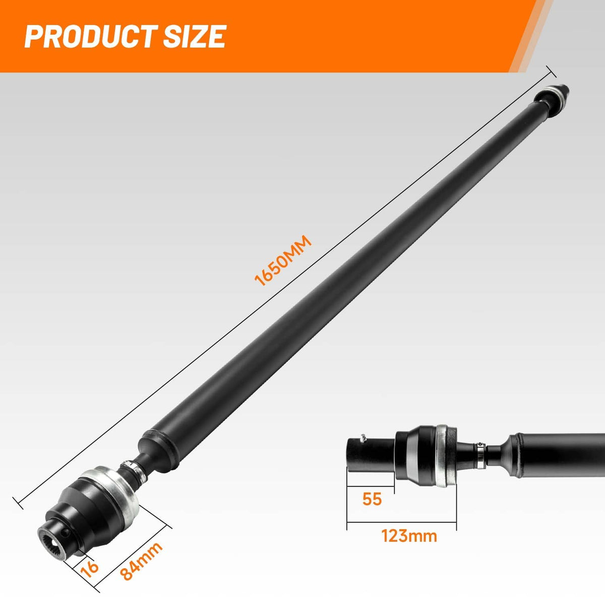 Black drive shaft with silver end couplers and metal ring connectors.