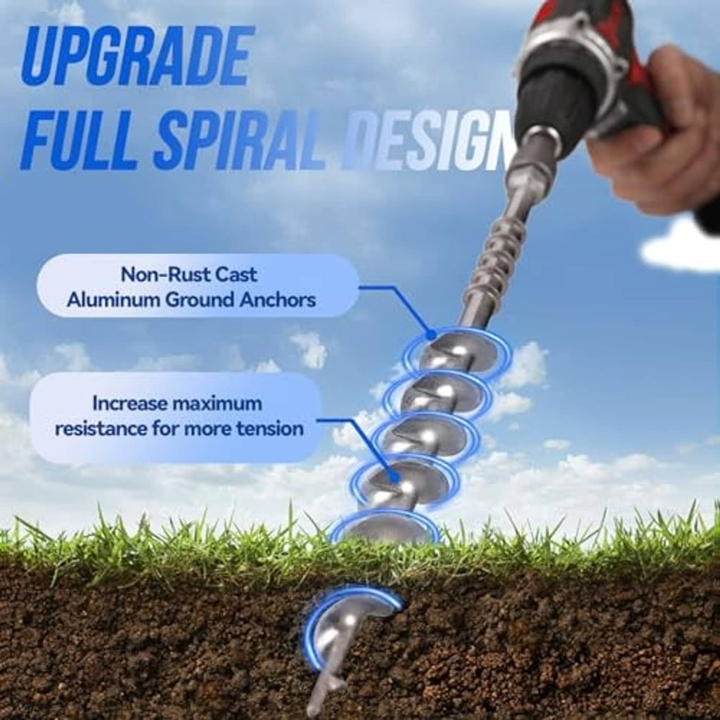 Screw-in ground anchor with expanded spiral threads and metal eyelet inserted in soil