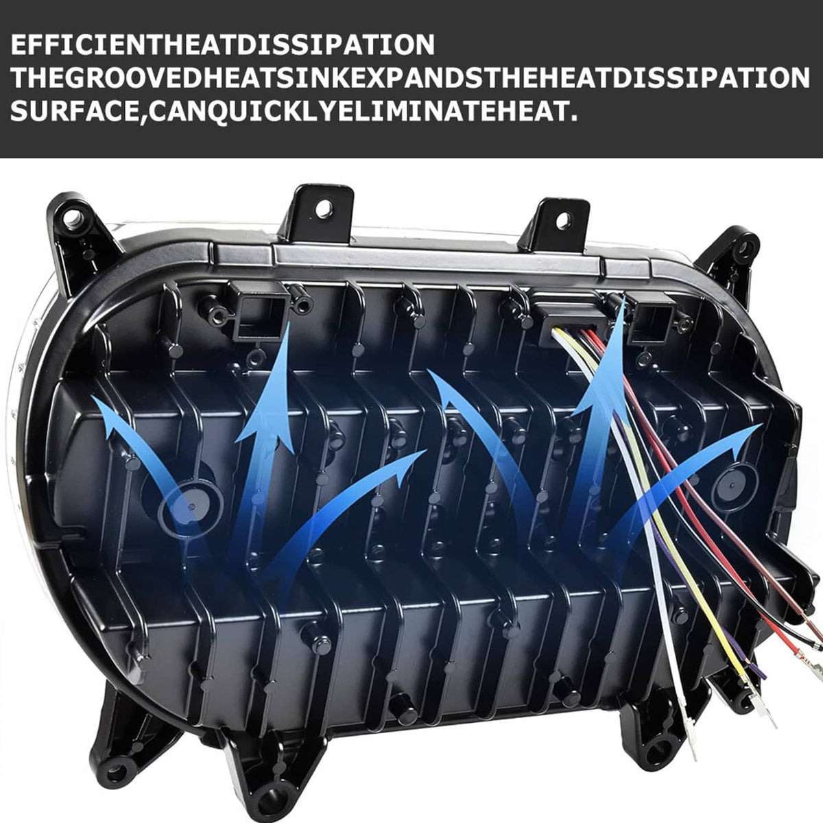 LED headlight back housing with heat sink fins and visible wire connectors