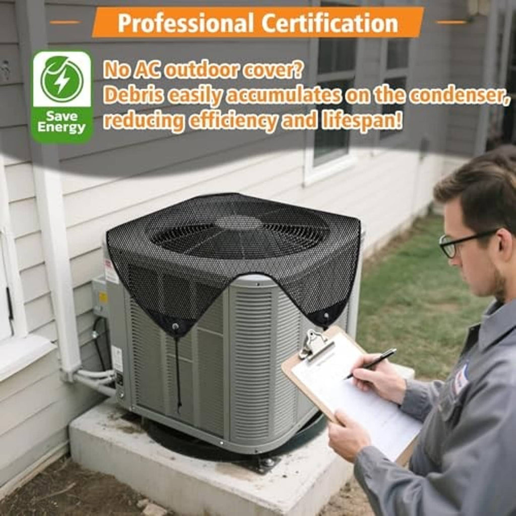 Black mesh outdoor air conditioner cover on a gray condenser unit with V-shaped opening