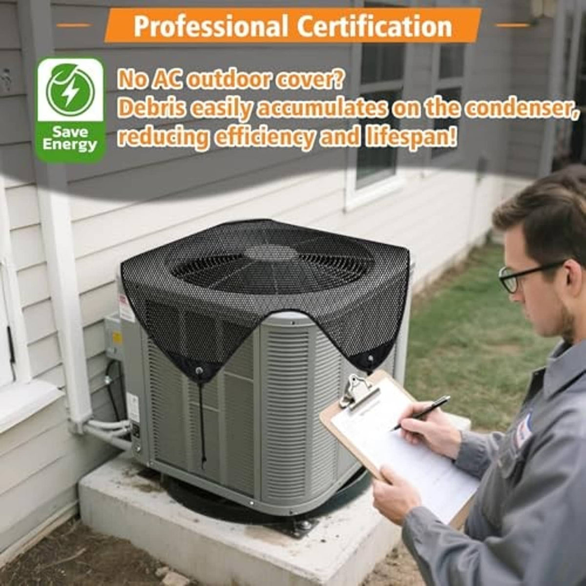 Black mesh outdoor air conditioner cover on a gray condenser unit with V-shaped opening