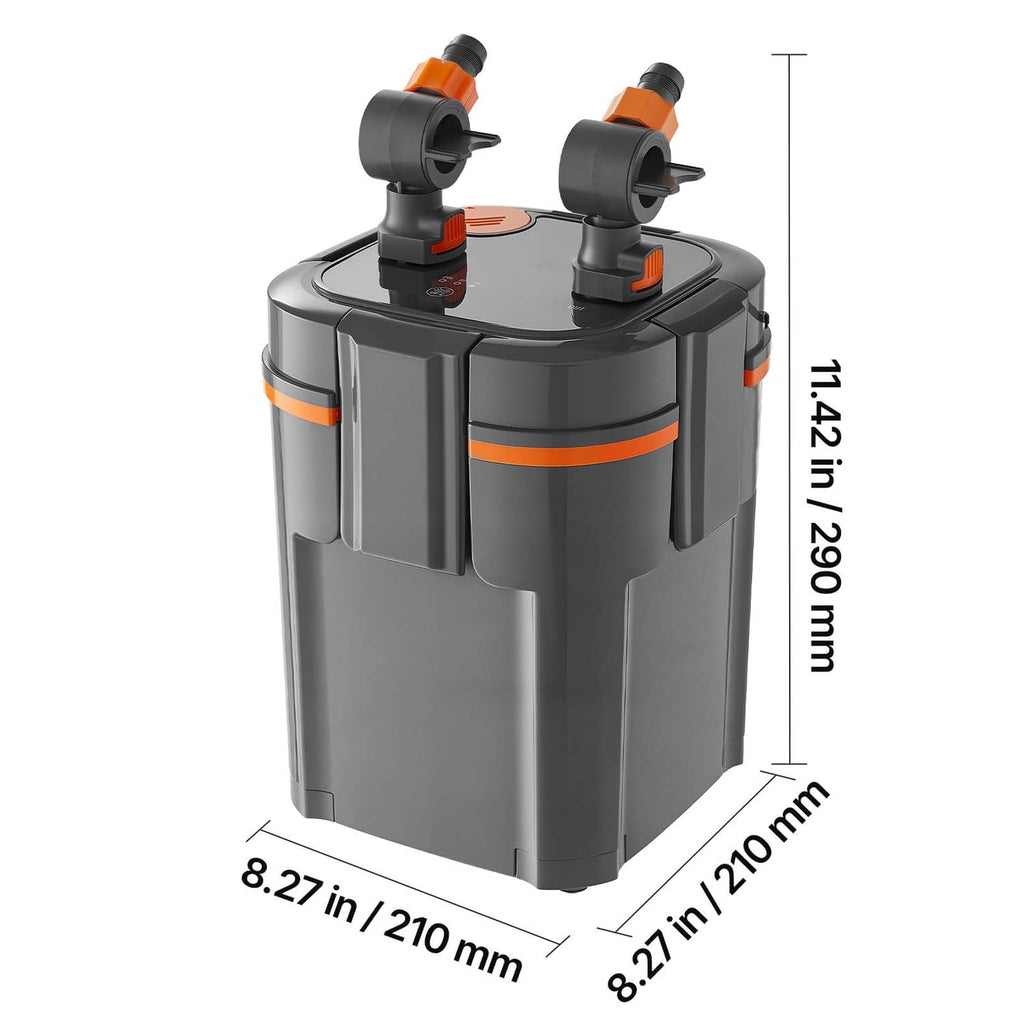 Rectangular external aquarium filter canister, dark gray with orange accents and top ports