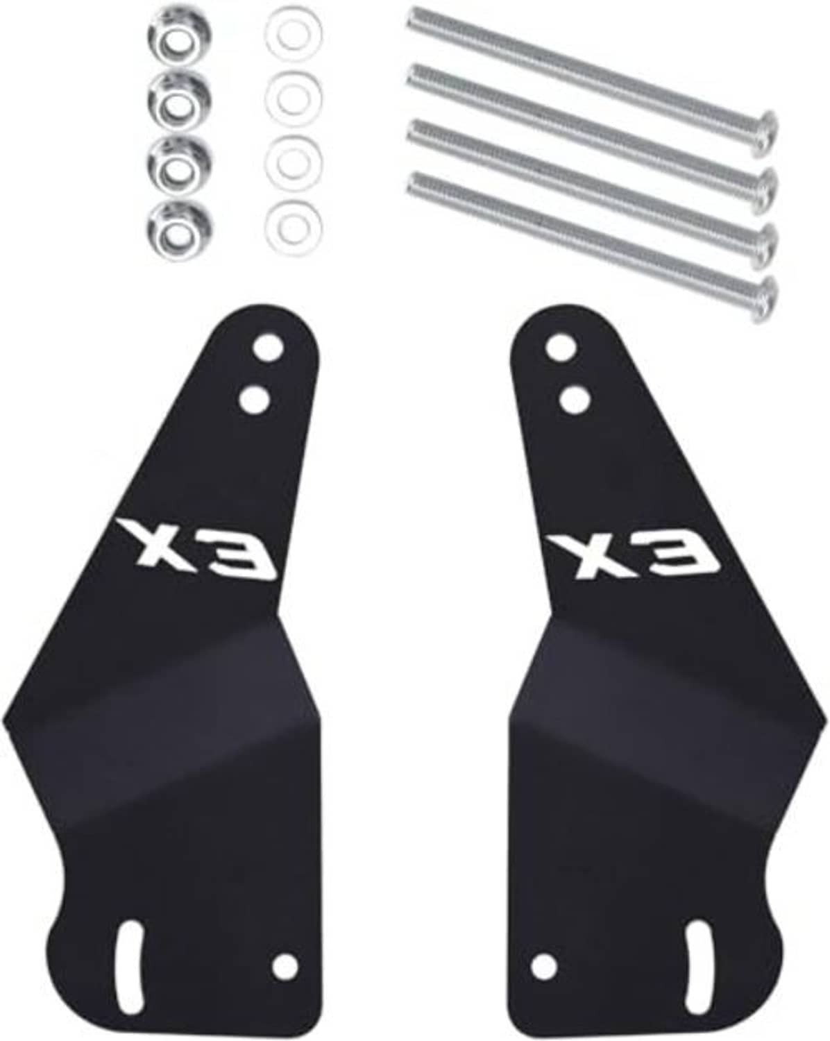Black bracket plates with mounting holes, shown with bolts and washers