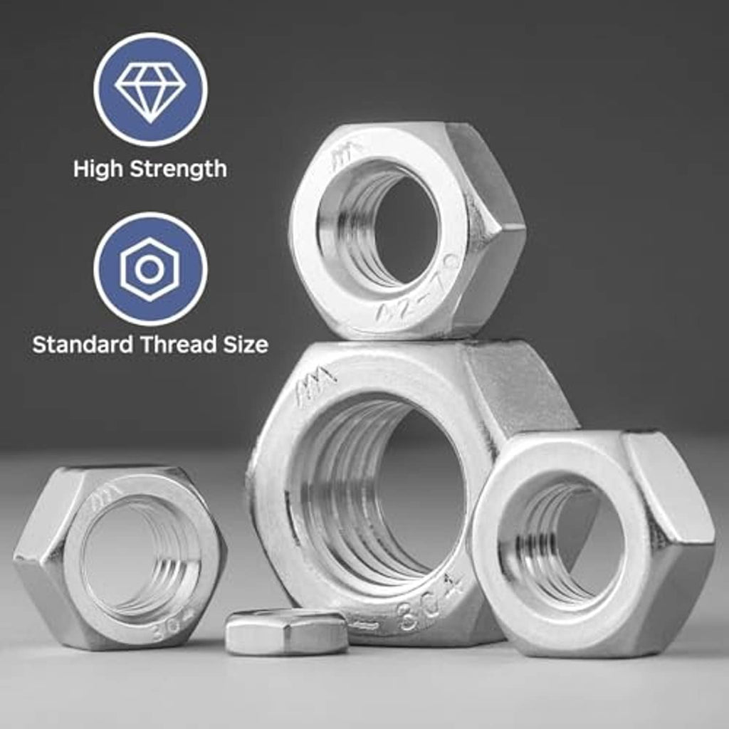 Stainless steel hex nuts arranged on dark surface, threaded bores visible
